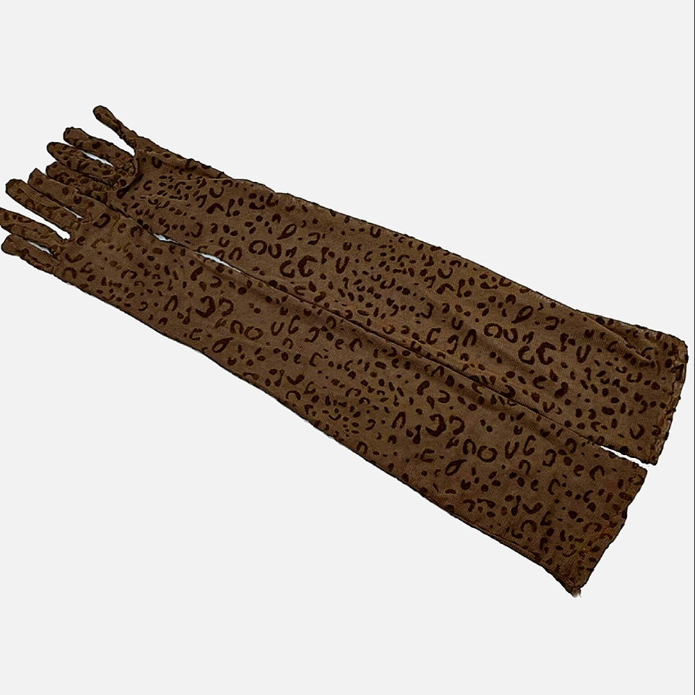 NWT Brown Sheer Elegant Animal Leopard Cheetah Print Elbow Opera Length Gloves